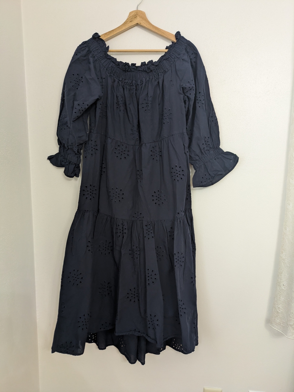 Chico's Dark Navy Eyelet Tiered Elastic Square Neck Midi Dress